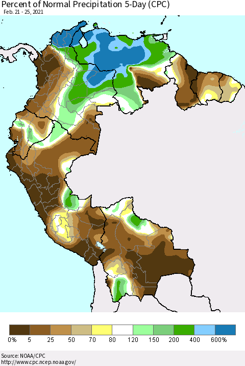 Northern South America Percent of Normal Precipitation 5-Day (CPC) Thematic Map For 2/21/2021 - 2/25/2021