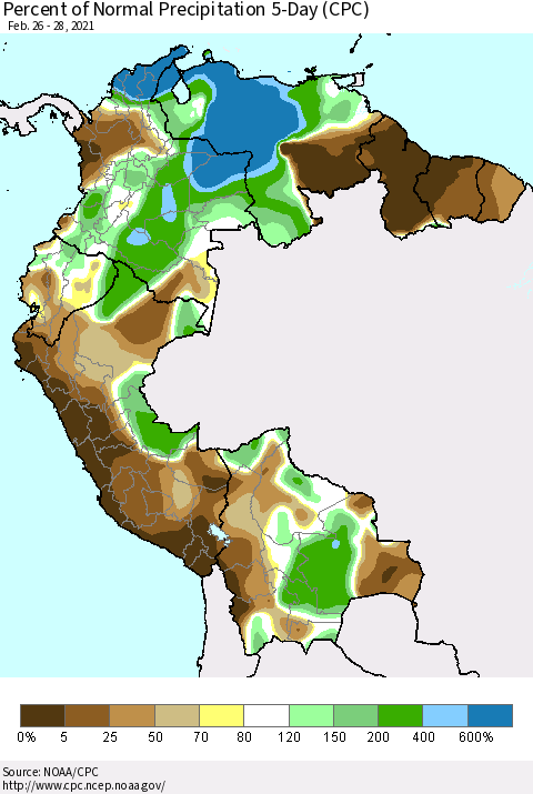 Northern South America Percent of Normal Precipitation 5-Day (CPC) Thematic Map For 2/26/2021 - 2/28/2021