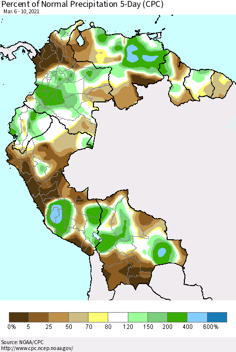 Northern South America Percent of Normal Precipitation 5-Day (CPC) Thematic Map For 3/6/2021 - 3/10/2021