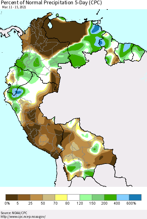 Northern South America Percent of Normal Precipitation 5-Day (CPC) Thematic Map For 3/11/2021 - 3/15/2021