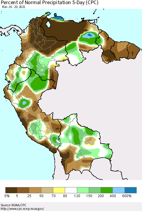 Northern South America Percent of Normal Precipitation 5-Day (CPC) Thematic Map For 3/16/2021 - 3/20/2021