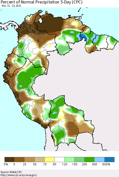 Northern South America Percent of Normal Precipitation 5-Day (CPC) Thematic Map For 3/21/2021 - 3/25/2021