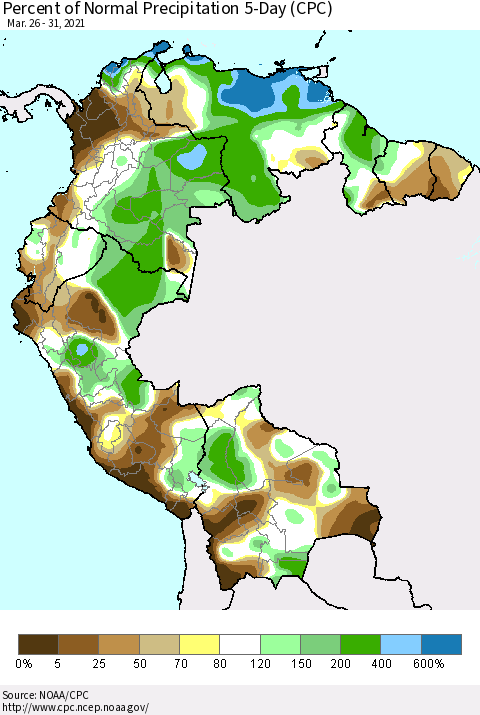 Northern South America Percent of Normal Precipitation 5-Day (CPC) Thematic Map For 3/26/2021 - 3/31/2021