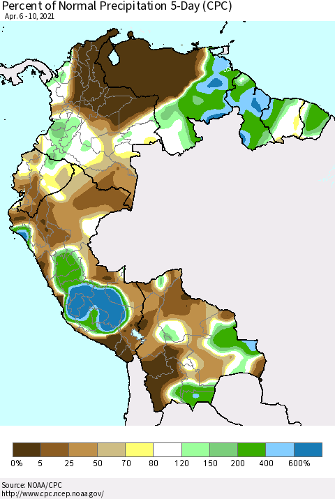 Northern South America Percent of Normal Precipitation 5-Day (CPC) Thematic Map For 4/6/2021 - 4/10/2021