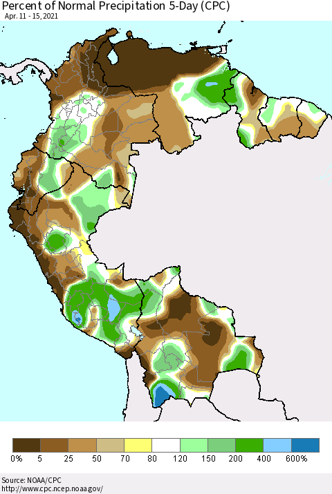 Northern South America Percent of Normal Precipitation 5-Day (CPC) Thematic Map For 4/11/2021 - 4/15/2021