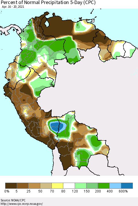 Northern South America Percent of Normal Precipitation 5-Day (CPC) Thematic Map For 4/16/2021 - 4/20/2021