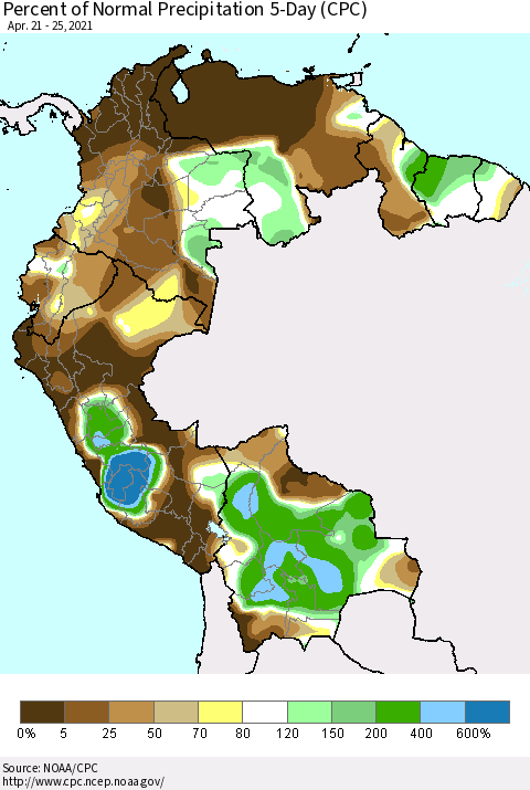 Northern South America Percent of Normal Precipitation 5-Day (CPC) Thematic Map For 4/21/2021 - 4/25/2021