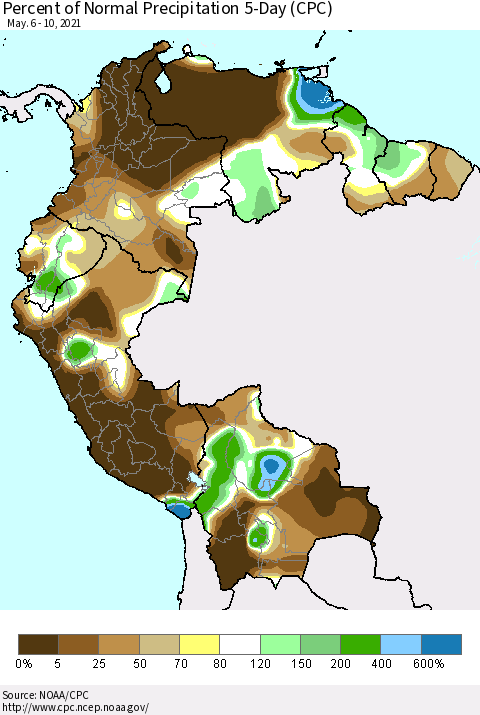 Northern South America Percent of Normal Precipitation 5-Day (CPC) Thematic Map For 5/6/2021 - 5/10/2021