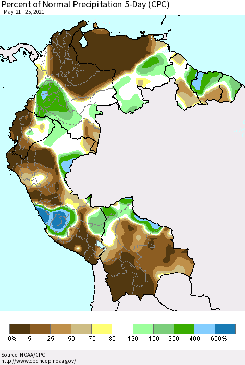 Northern South America Percent of Normal Precipitation 5-Day (CPC) Thematic Map For 5/21/2021 - 5/25/2021