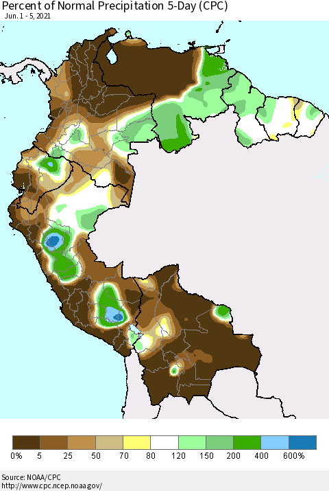 Northern South America Percent of Normal Precipitation 5-Day (CPC) Thematic Map For 6/1/2021 - 6/5/2021