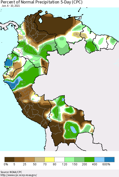 Northern South America Percent of Normal Precipitation 5-Day (CPC) Thematic Map For 6/6/2021 - 6/10/2021