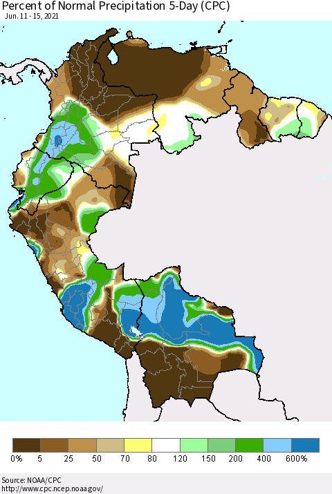 Northern South America Percent of Normal Precipitation 5-Day (CPC) Thematic Map For 6/11/2021 - 6/15/2021