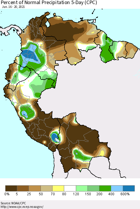 Northern South America Percent of Normal Precipitation 5-Day (CPC) Thematic Map For 6/16/2021 - 6/20/2021