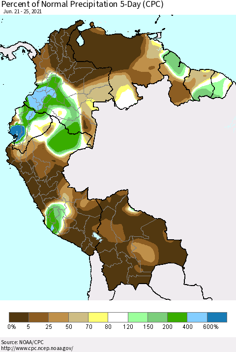 Northern South America Percent of Normal Precipitation 5-Day (CPC) Thematic Map For 6/21/2021 - 6/25/2021