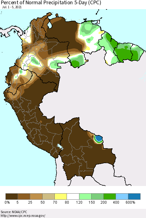 Northern South America Percent of Normal Precipitation 5-Day (CPC) Thematic Map For 7/1/2021 - 7/5/2021