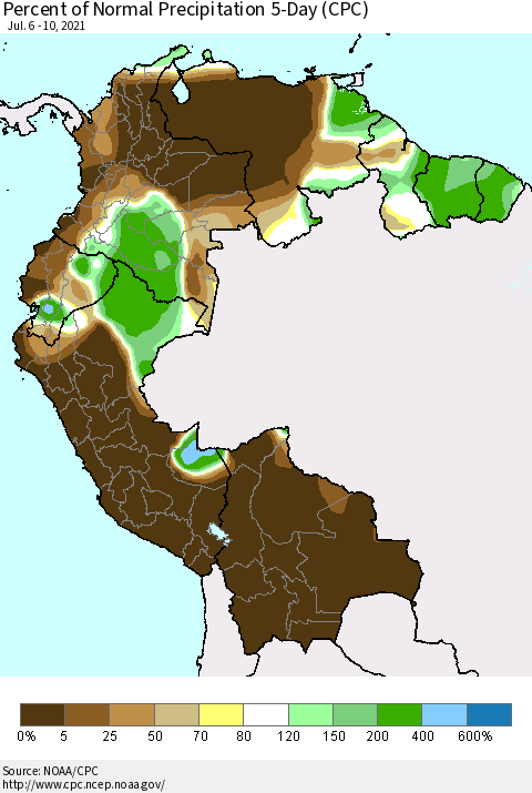 Northern South America Percent of Normal Precipitation 5-Day (CPC) Thematic Map For 7/6/2021 - 7/10/2021