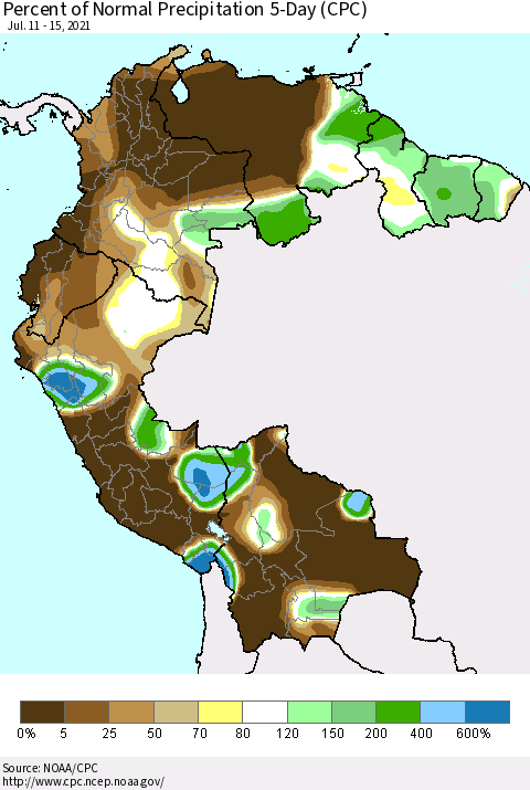 Northern South America Percent of Normal Precipitation 5-Day (CPC) Thematic Map For 7/11/2021 - 7/15/2021