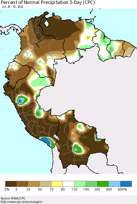 Northern South America Percent of Normal Precipitation 5-Day (CPC) Thematic Map For 7/26/2021 - 7/31/2021