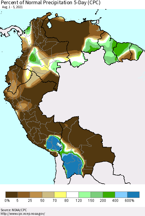 Northern South America Percent of Normal Precipitation 5-Day (CPC) Thematic Map For 8/1/2021 - 8/5/2021