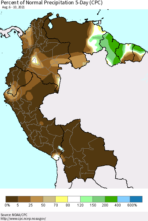 Northern South America Percent of Normal Precipitation 5-Day (CPC) Thematic Map For 8/6/2021 - 8/10/2021