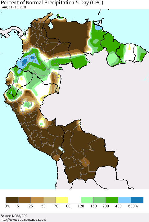 Northern South America Percent of Normal Precipitation 5-Day (CPC) Thematic Map For 8/11/2021 - 8/15/2021