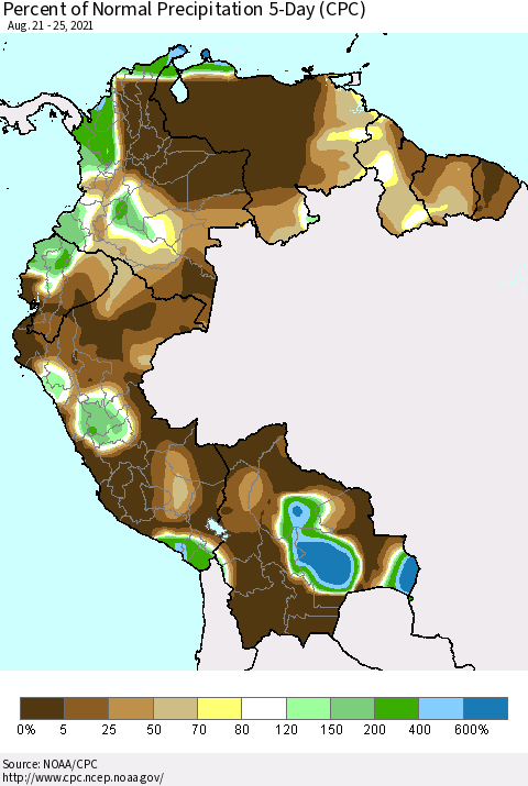 Northern South America Percent of Normal Precipitation 5-Day (CPC) Thematic Map For 8/21/2021 - 8/25/2021