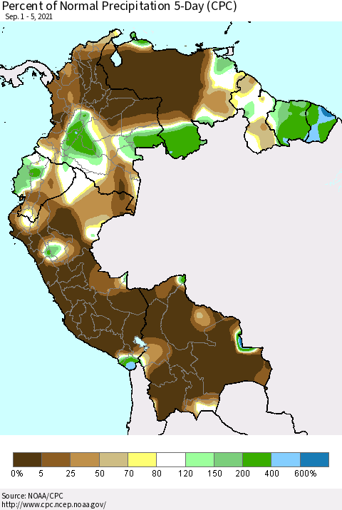 Northern South America Percent of Normal Precipitation 5-Day (CPC) Thematic Map For 9/1/2021 - 9/5/2021