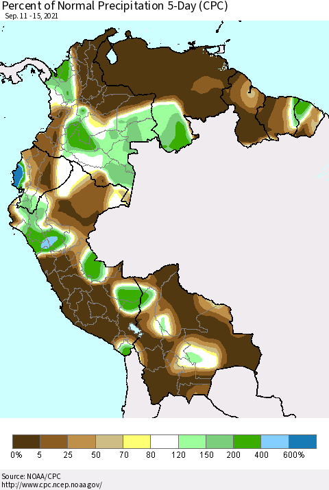 Northern South America Percent of Normal Precipitation 5-Day (CPC) Thematic Map For 9/11/2021 - 9/15/2021