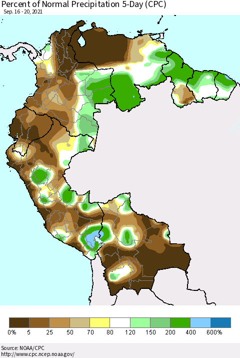 Northern South America Percent of Normal Precipitation 5-Day (CPC) Thematic Map For 9/16/2021 - 9/20/2021