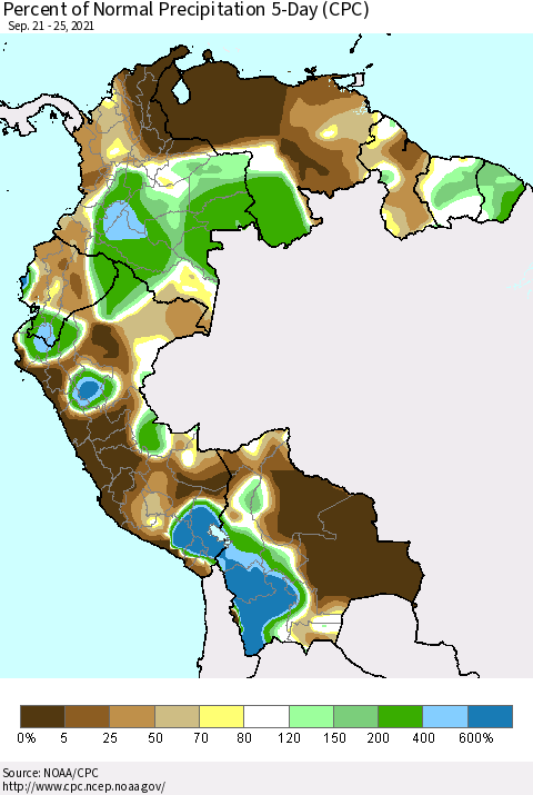 Northern South America Percent of Normal Precipitation 5-Day (CPC) Thematic Map For 9/21/2021 - 9/25/2021