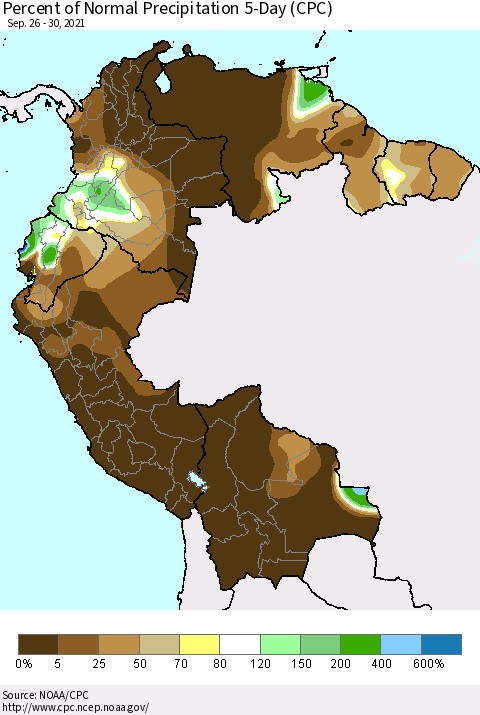 Northern South America Percent of Normal Precipitation 5-Day (CPC) Thematic Map For 9/26/2021 - 9/30/2021