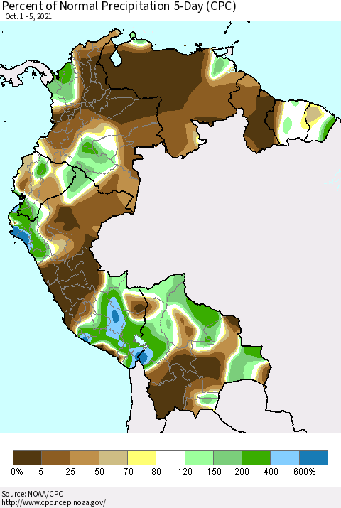Northern South America Percent of Normal Precipitation 5-Day (CPC) Thematic Map For 10/1/2021 - 10/5/2021