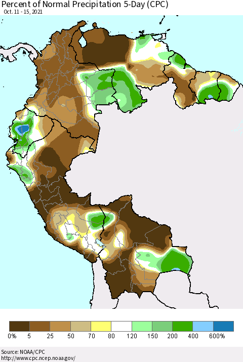 Northern South America Percent of Normal Precipitation 5-Day (CPC) Thematic Map For 10/11/2021 - 10/15/2021