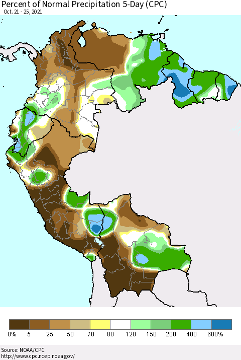Northern South America Percent of Normal Precipitation 5-Day (CPC) Thematic Map For 10/21/2021 - 10/25/2021