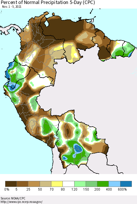 Northern South America Percent of Normal Precipitation 5-Day (CPC) Thematic Map For 11/1/2021 - 11/5/2021