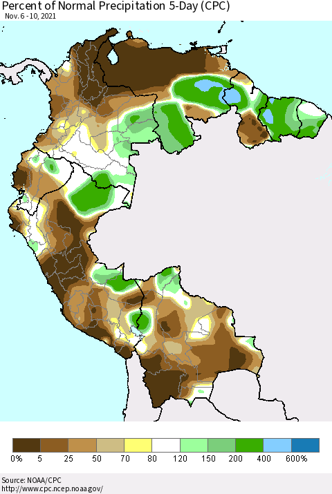 Northern South America Percent of Normal Precipitation 5-Day (CPC) Thematic Map For 11/6/2021 - 11/10/2021