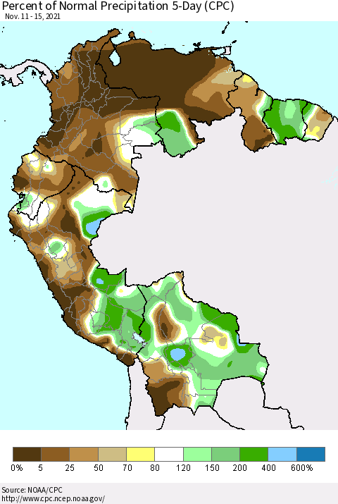 Northern South America Percent of Normal Precipitation 5-Day (CPC) Thematic Map For 11/11/2021 - 11/15/2021