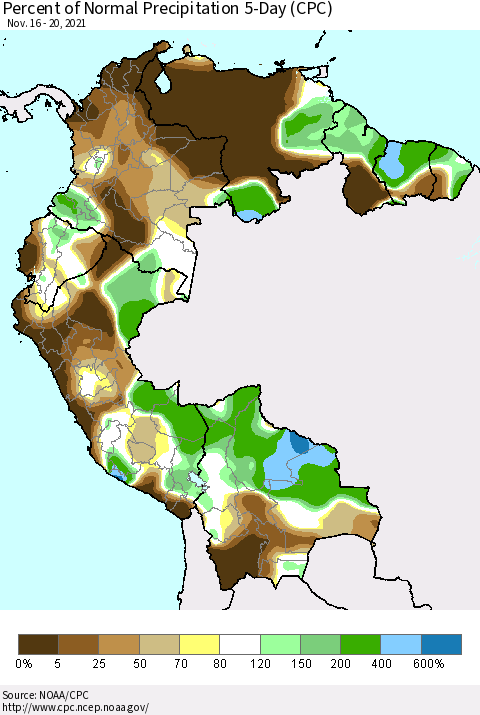 Northern South America Percent of Normal Precipitation 5-Day (CPC) Thematic Map For 11/16/2021 - 11/20/2021