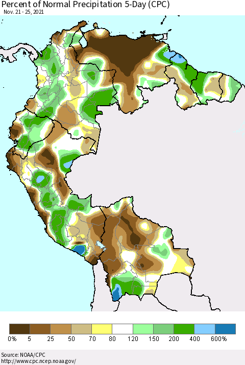 Northern South America Percent of Normal Precipitation 5-Day (CPC) Thematic Map For 11/21/2021 - 11/25/2021