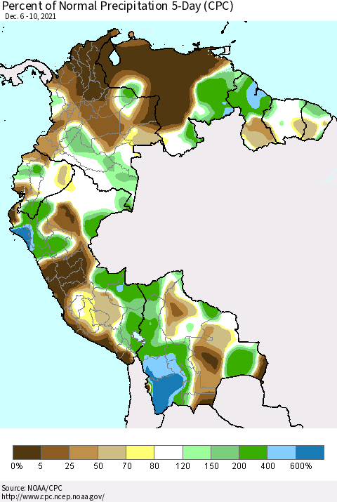 Northern South America Percent of Normal Precipitation 5-Day (CPC) Thematic Map For 12/6/2021 - 12/10/2021