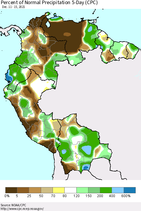 Northern South America Percent of Normal Precipitation 5-Day (CPC) Thematic Map For 12/11/2021 - 12/15/2021
