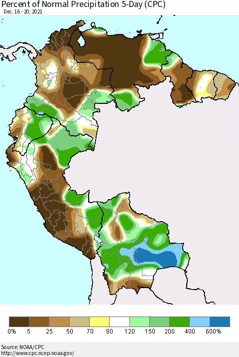 Northern South America Percent of Normal Precipitation 5-Day (CPC) Thematic Map For 12/16/2021 - 12/20/2021