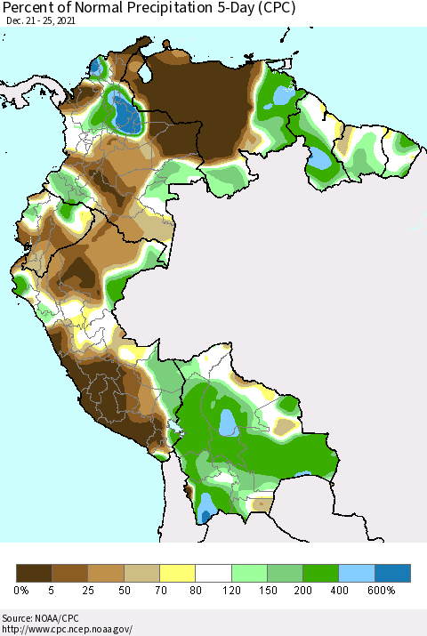 Northern South America Percent of Normal Precipitation 5-Day (CPC) Thematic Map For 12/21/2021 - 12/25/2021