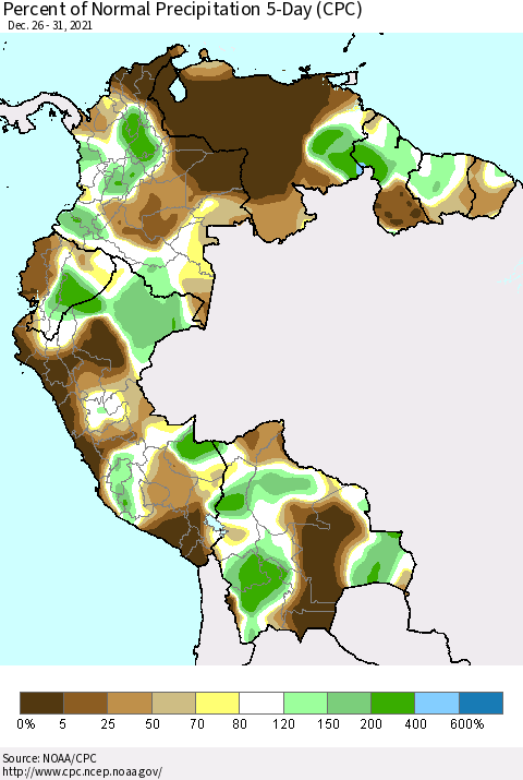 Northern South America Percent of Normal Precipitation 5-Day (CPC) Thematic Map For 12/26/2021 - 12/31/2021