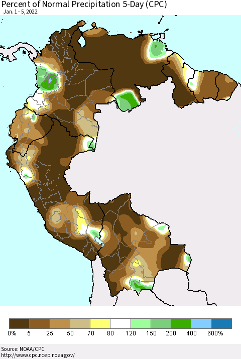 Northern South America Percent of Normal Precipitation 5-Day (CPC) Thematic Map For 1/1/2022 - 1/5/2022