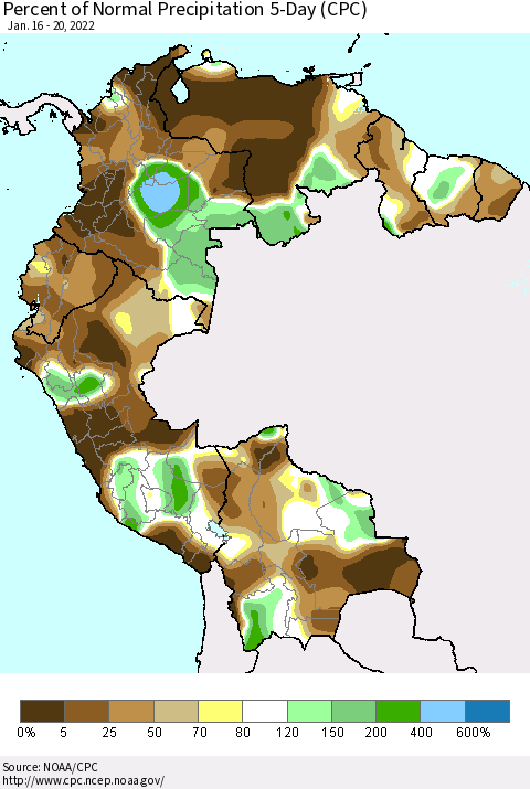 Northern South America Percent of Normal Precipitation 5-Day (CPC) Thematic Map For 1/16/2022 - 1/20/2022