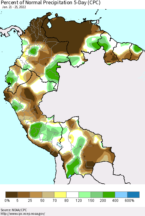 Northern South America Percent of Normal Precipitation 5-Day (CPC) Thematic Map For 1/21/2022 - 1/25/2022