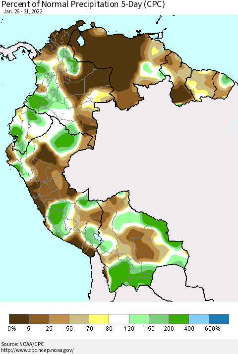 Northern South America Percent of Normal Precipitation 5-Day (CPC) Thematic Map For 1/26/2022 - 1/31/2022