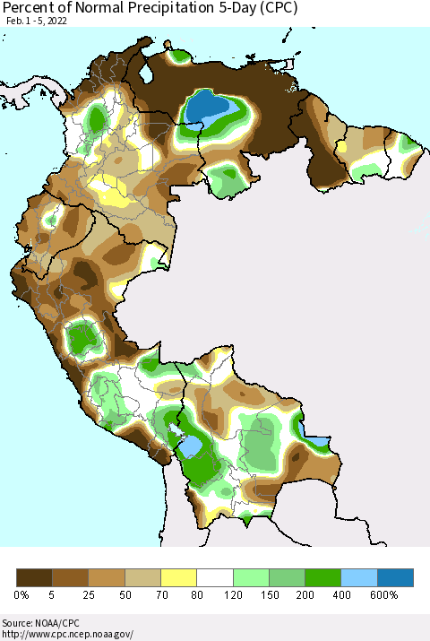 Northern South America Percent of Normal Precipitation 5-Day (CPC) Thematic Map For 2/1/2022 - 2/5/2022