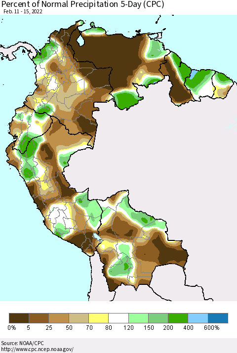 Northern South America Percent of Normal Precipitation 5-Day (CPC) Thematic Map For 2/11/2022 - 2/15/2022
